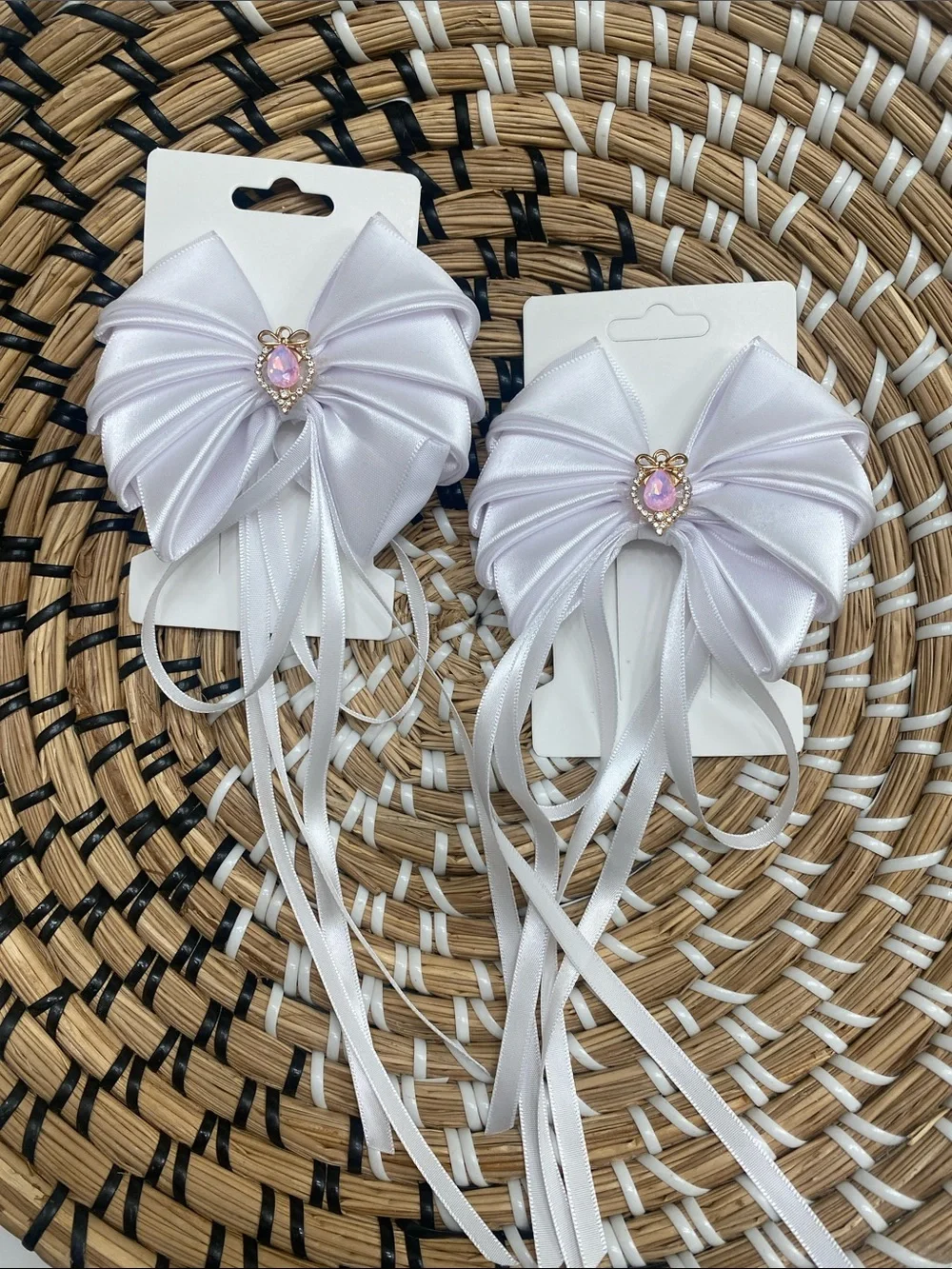 White Satin Ribbon Bow Hair Accessory with Pink Jewel